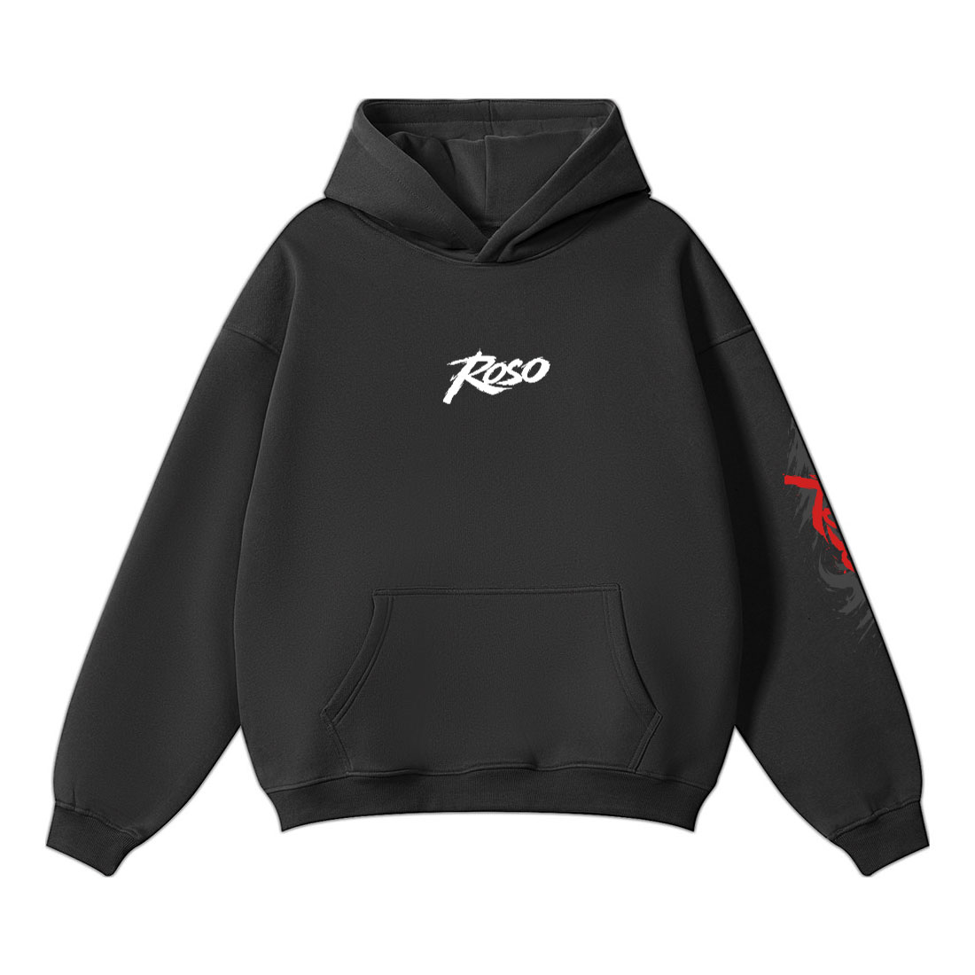 Black oversized ROSO hoodie with a white wordmark on the chest and a red print on the sleeve