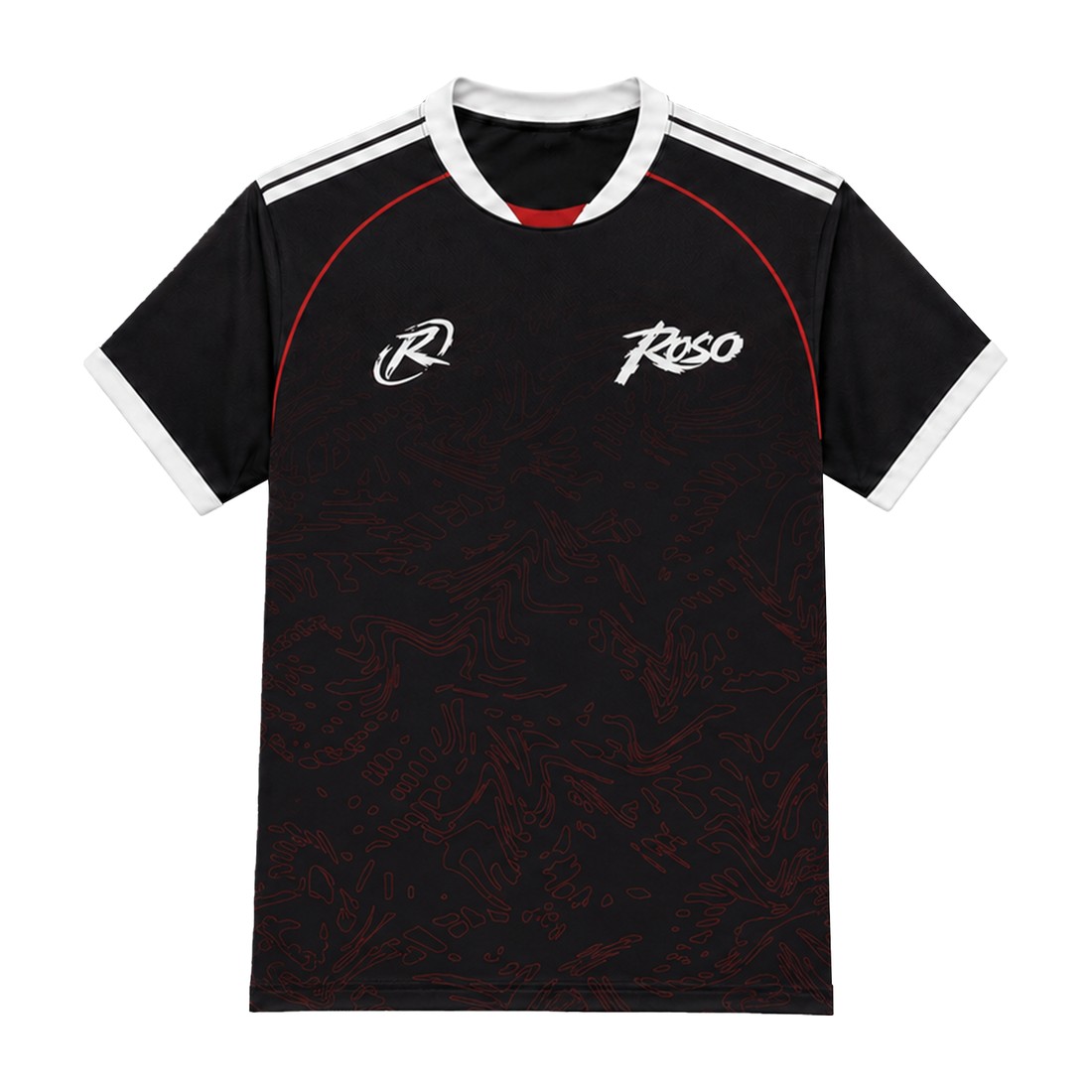 Black ROSO 2026 Elite Series jersey with a white collar, white cuffs and white shoulder stripes, a red contour pattern, and the ROSO marks on the chest