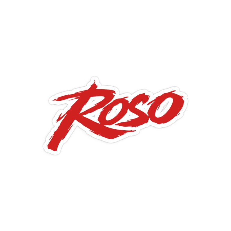 Die-cut sticker of the red ROSO brush wordmark