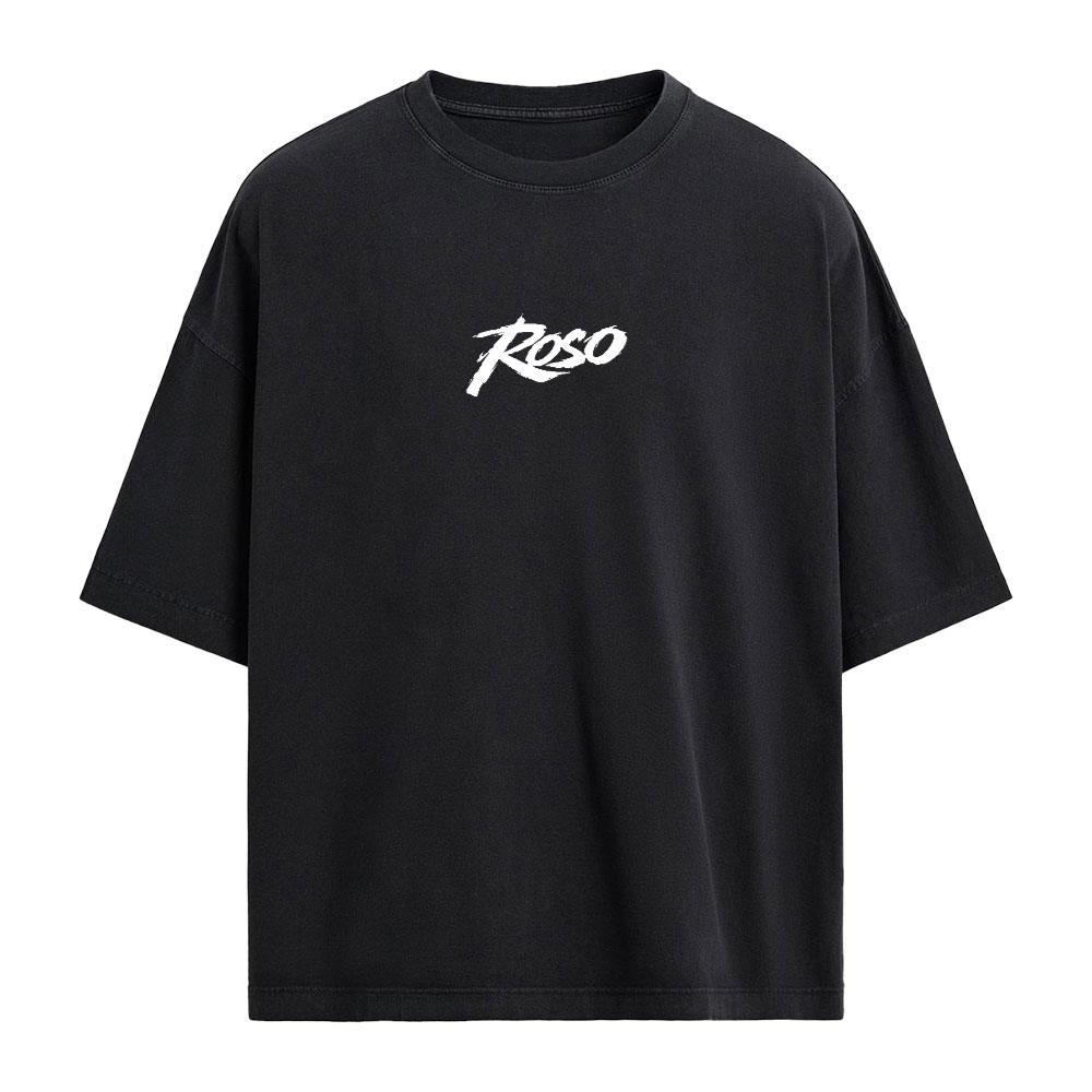 Black oversized boxy ROSO tee with a white wordmark on the chest